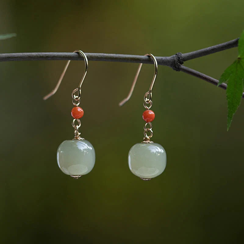 Orecchini pendenti con pendente della fortuna in giada di Hetian, agata rossa, argento sterling 925 placcato oro 14k, Buddha Stones