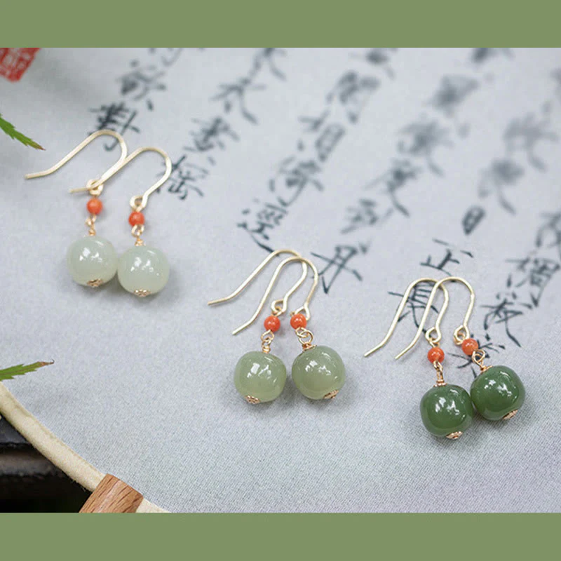 Orecchini pendenti con pendente della fortuna in giada di Hetian, agata rossa, argento sterling 925 placcato oro 14k, Buddha Stones - Image 18
