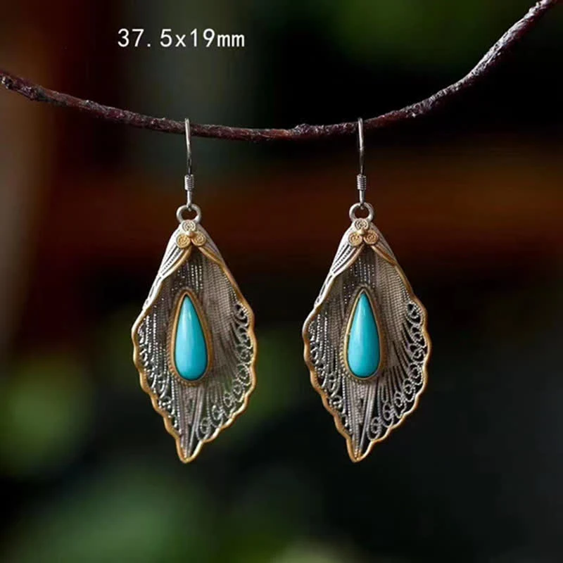 Orecchini pendenti con motivo a foglia di Bodhi in argento sterling 925 con Buddha Stones e turchese - Image 15