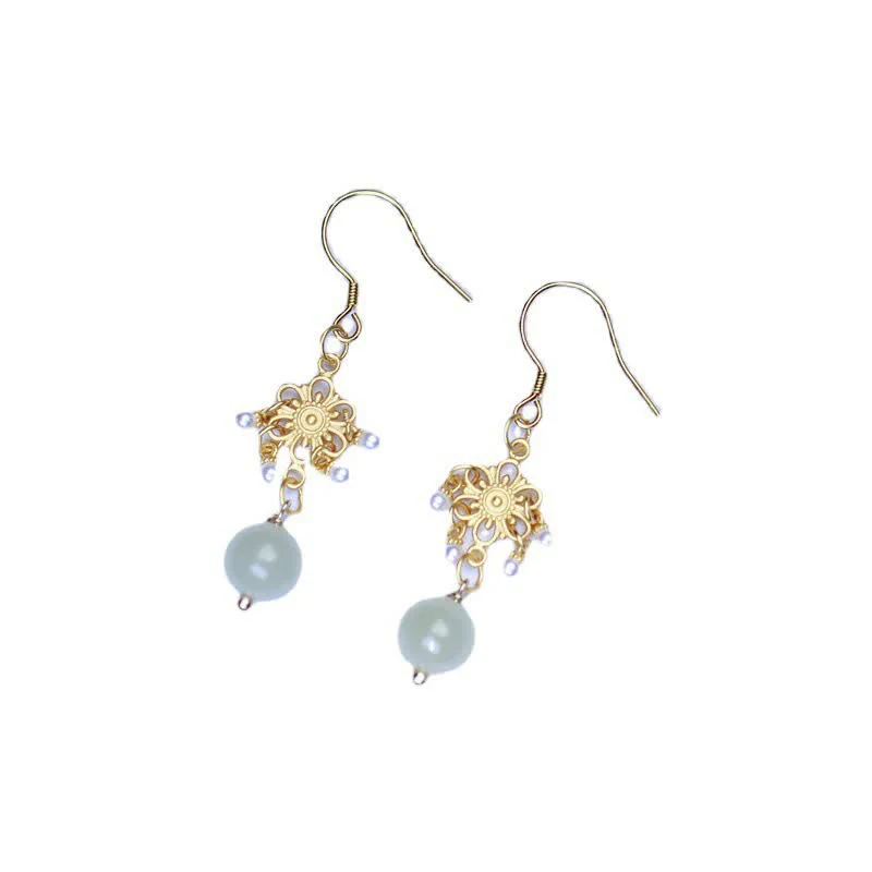 Orecchini pendenti con motivo floreale in giada Hetian placcati in oro 14K - Image 5