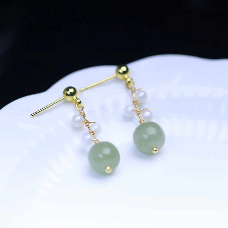 Orecchini pendenti con motivo floreale in giada Hetian placcati in oro 14K - Image 7
