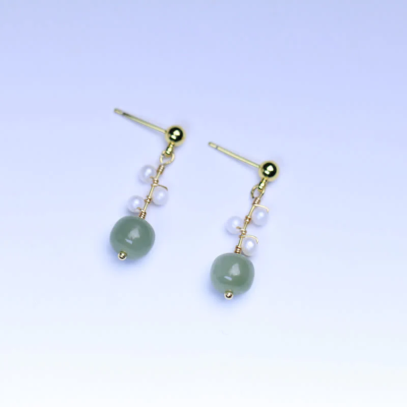 Orecchini pendenti con motivo floreale in giada Hetian placcati in oro 14K - Image 9