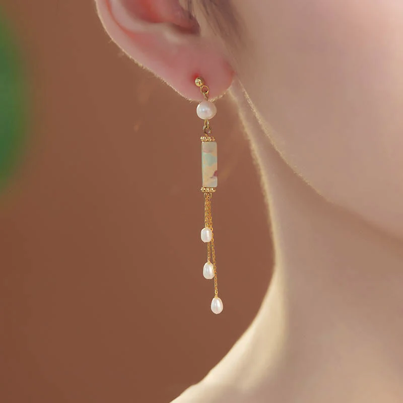 Orecchini pendenti con perle curative in argento sterling 925 Buddha Stones e perle di Shoushan - Image 3