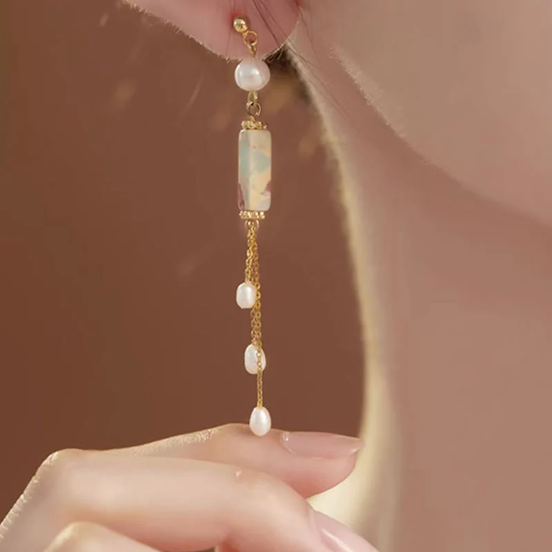 Orecchini pendenti con perle curative in argento sterling 925 Buddha Stones e perle di Shoushan - Image 4