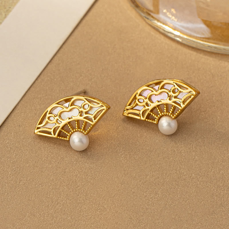 Orecchini pendenti con perno in rame e perla con motivo a ventaglio in argento sterling 925 Buddha Stones - Image 5
