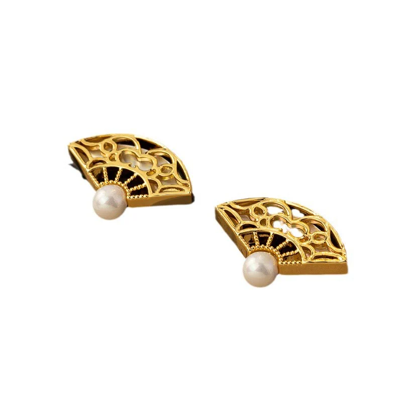 Orecchini pendenti con perno in rame e perla con motivo a ventaglio in argento sterling 925 Buddha Stones - Image 6