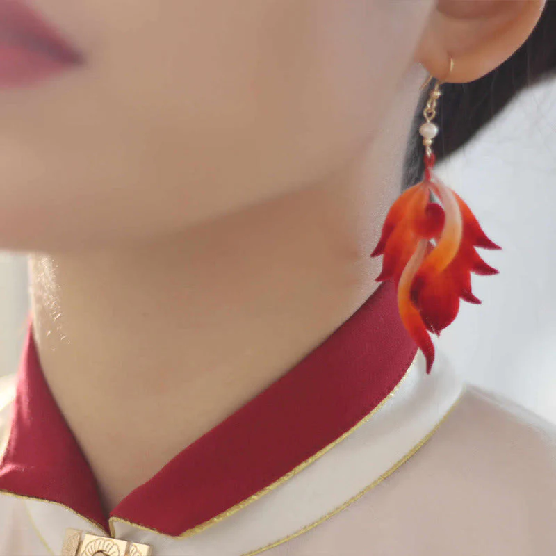 Orecchini pendenti in velluto con fiore di seta di gelso, fatti a mano, in rame placcato oro 14K, con piume rosse e Buddha Stones - Image 8
