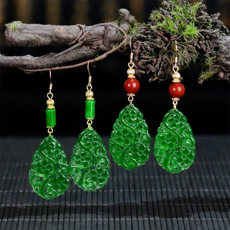 Orecchini portafortuna in argento sterling 925 con gocce d'acqua Buddha Stones , forma cava, giada, agata rossa