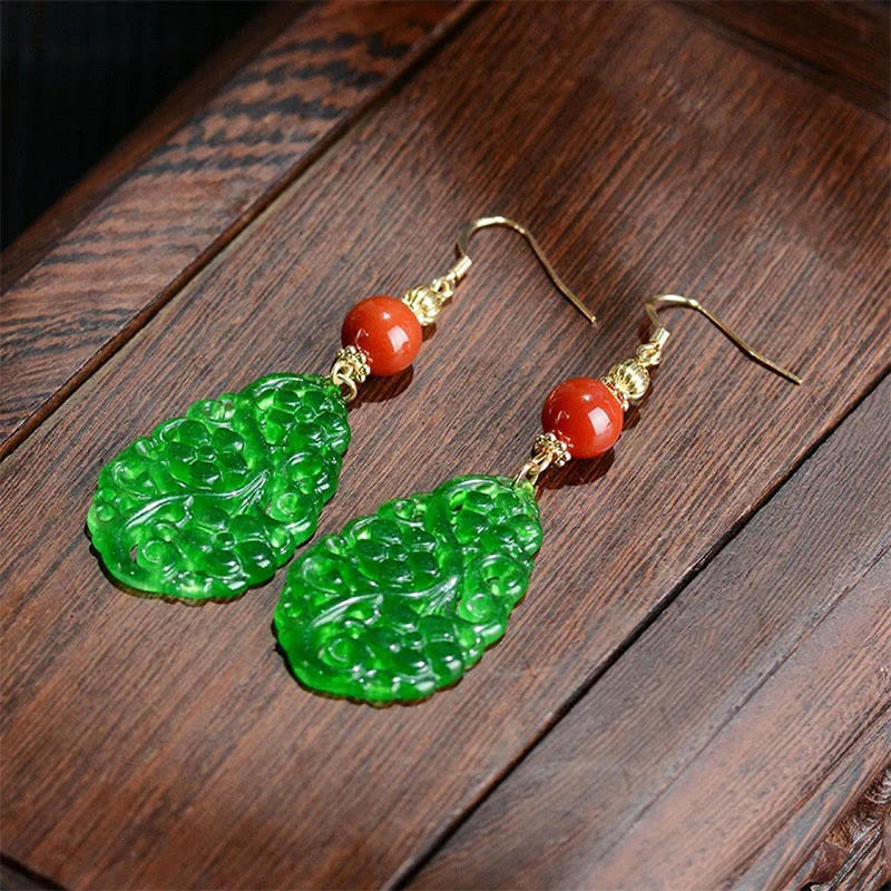 Orecchini portafortuna in argento sterling 925 con gocce d'acqua Buddha Stones , forma cava, giada, agata rossa - Image 2