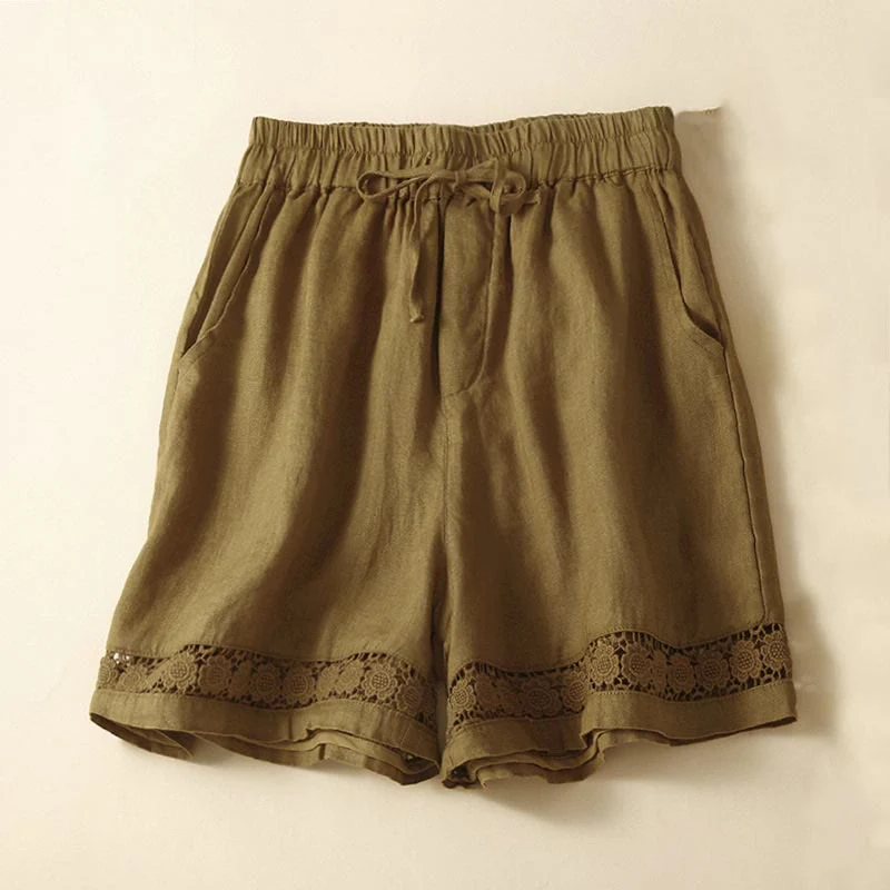 Pantaloncini da donna in cotone con lacci e tasche, modello Buddha Stones, tinta unita, con fondo in pizzo cavo - Image 24