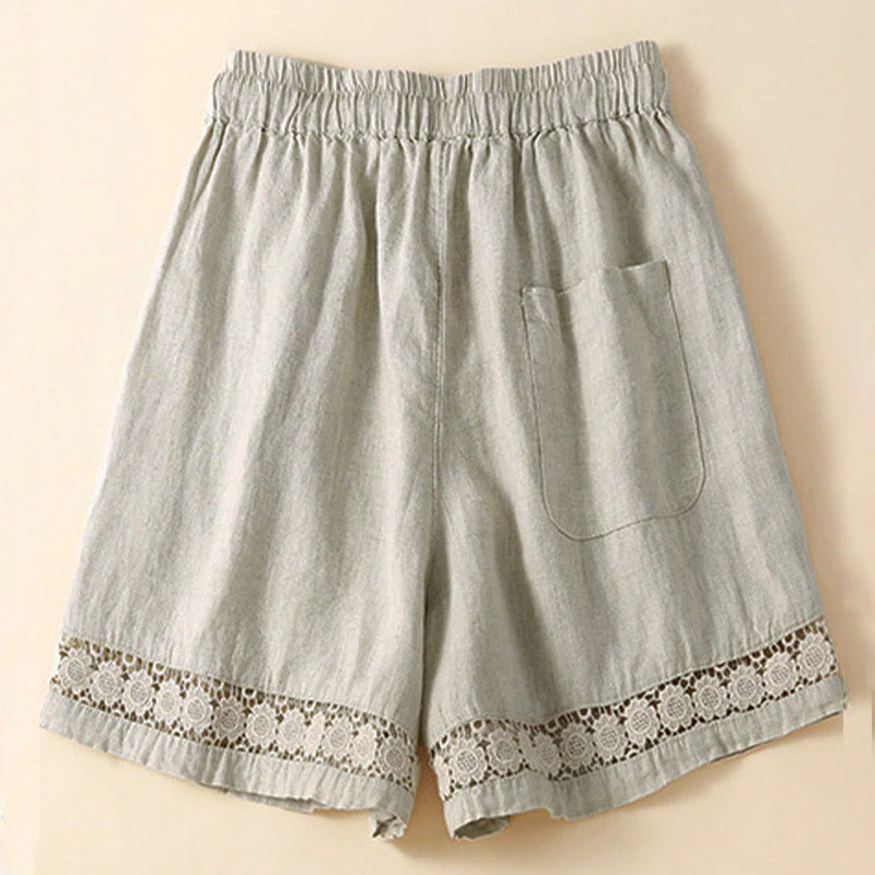 Pantaloncini da donna in cotone con lacci e tasche, modello Buddha Stones, tinta unita, con fondo in pizzo cavo - Image 3