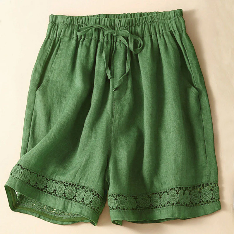 Pantaloncini da donna in cotone con lacci e tasche, modello Buddha Stones, tinta unita, con fondo in pizzo cavo - Image 35