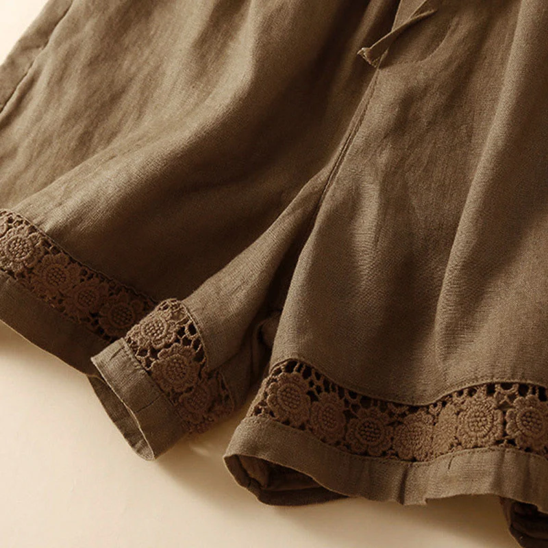 Pantaloncini da donna in cotone con lacci e tasche, modello Buddha Stones, tinta unita, con fondo in pizzo cavo - Image 53