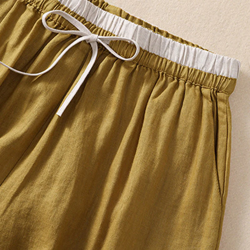 Pantaloncini da donna in cotone e lino con lacci e tasche, tinta unita, a contrasto, in vita, con Buddha Stones - Image 21