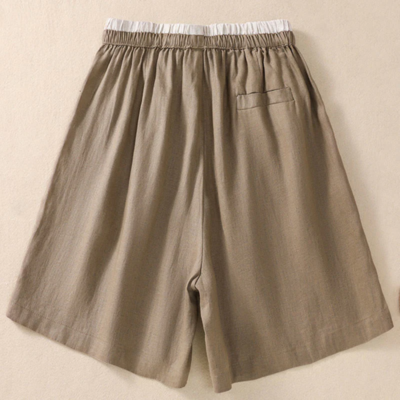Pantaloncini da donna in cotone e lino con lacci e tasche, tinta unita, a contrasto, in vita, con Buddha Stones - Image 3