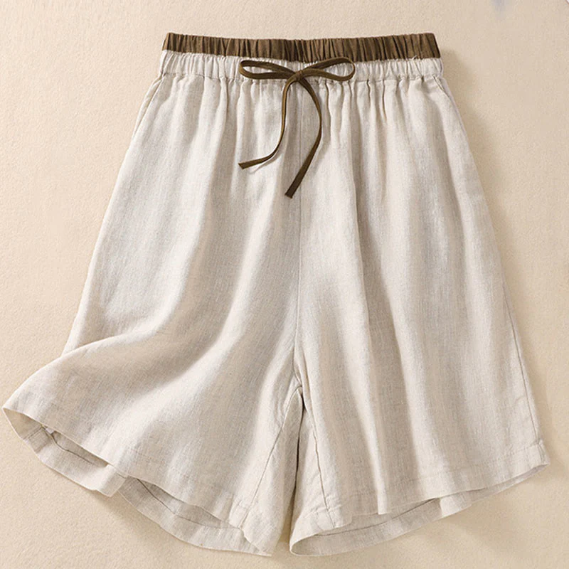 Pantaloncini da donna in cotone e lino con lacci e tasche, tinta unita, a contrasto, in vita, con Buddha Stones - Image 4