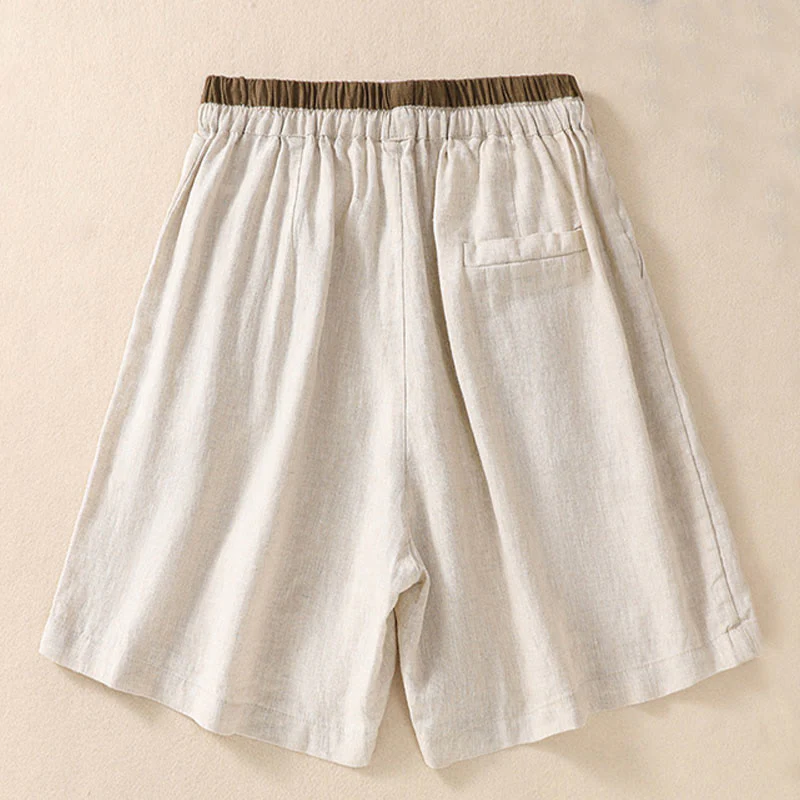 Pantaloncini da donna in cotone e lino con lacci e tasche, tinta unita, a contrasto, in vita, con Buddha Stones - Image 5