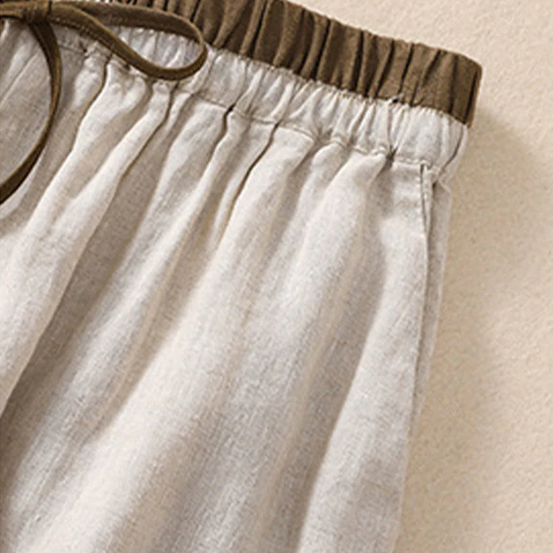 Pantaloncini da donna in cotone e lino con lacci e tasche, tinta unita, a contrasto, in vita, con Buddha Stones - Image 7