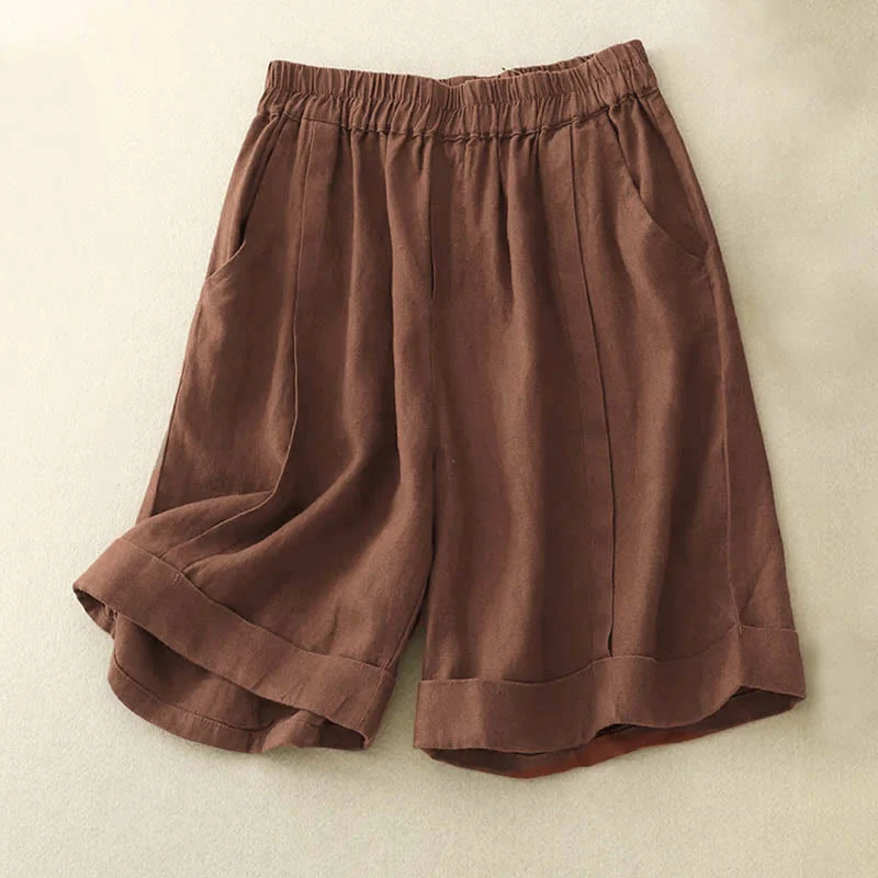 Pantaloncini da donna in cotone tinta unita casual Buddha Stones con tasche - Image 14