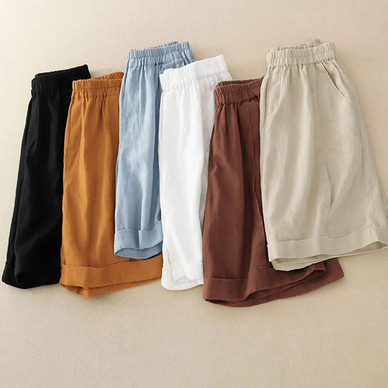Pantaloncini da donna in cotone tinta unita casual Buddha Stones con tasche - Image 37
