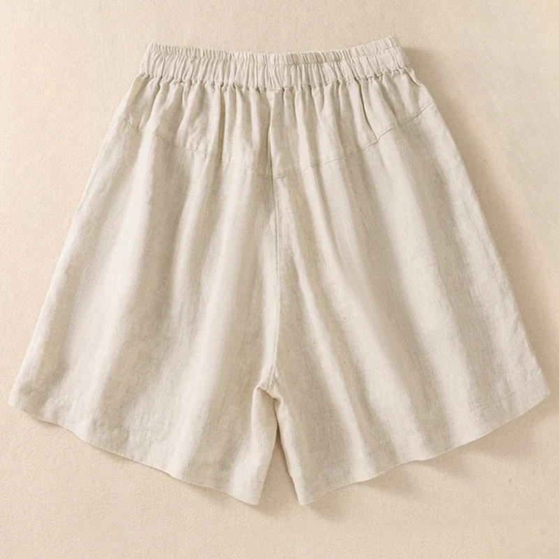 Pantaloncini da donna in cotone e lino con coulisse, motivo floreale ricamato Buddha Stones , casual, con tasche - Image 11