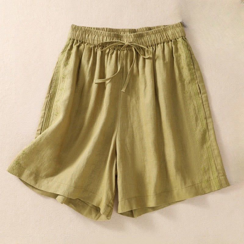 Pantaloncini da donna in cotone e lino con coulisse, motivo floreale ricamato Buddha Stones , casual, con tasche - Image 16
