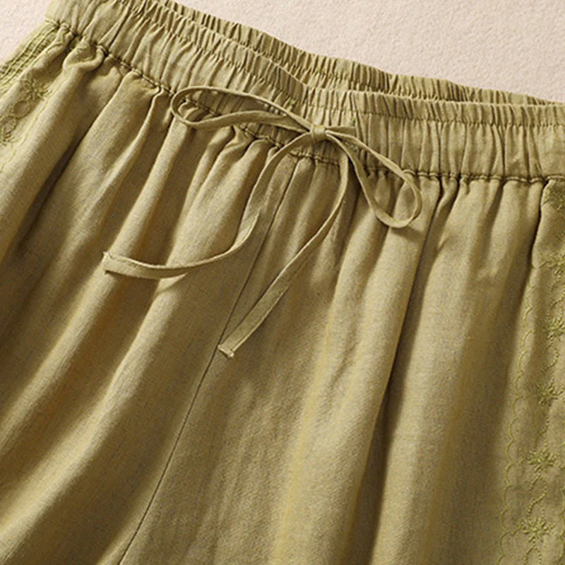Pantaloncini da donna in cotone e lino con coulisse, motivo floreale ricamato Buddha Stones , casual, con tasche - Image 17