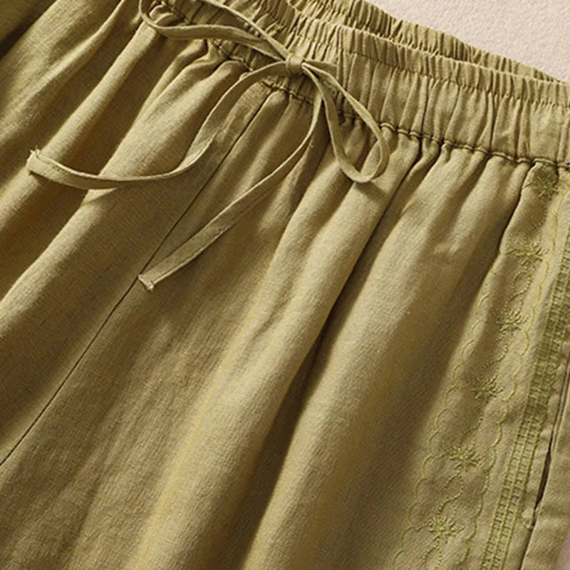 Pantaloncini da donna in cotone e lino con coulisse, motivo floreale ricamato Buddha Stones , casual, con tasche - Image 18