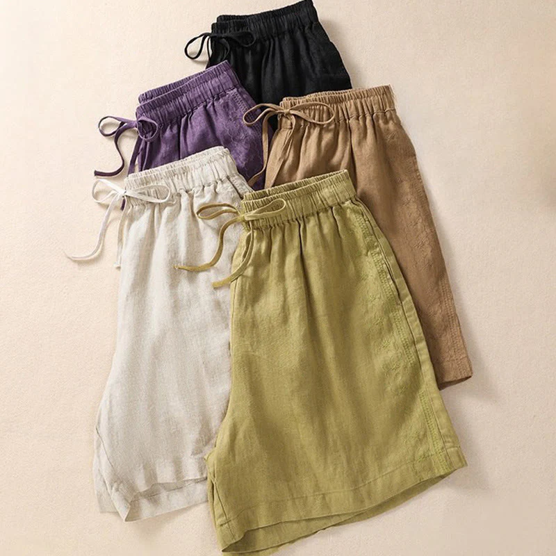 Pantaloncini da donna in cotone e lino con coulisse, motivo floreale ricamato Buddha Stones , casual, con tasche - Image 22
