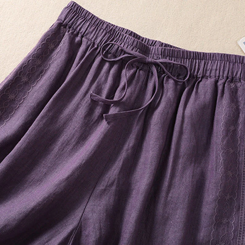 Pantaloncini da donna in cotone e lino con coulisse, motivo floreale ricamato Buddha Stones , casual, con tasche - Image 3