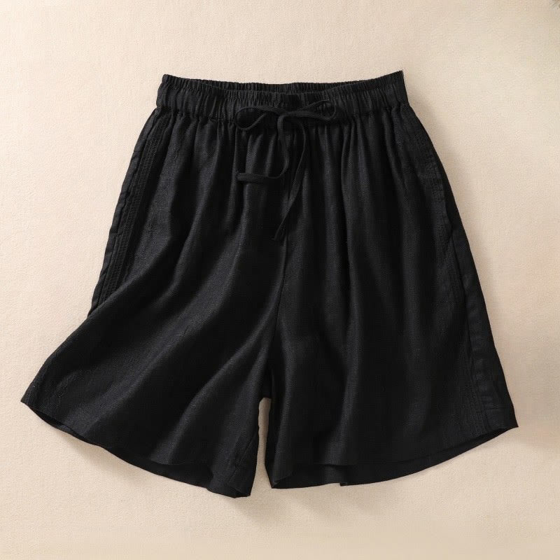 Pantaloncini da donna in cotone e lino con coulisse, motivo floreale ricamato Buddha Stones , casual, con tasche - Image 4
