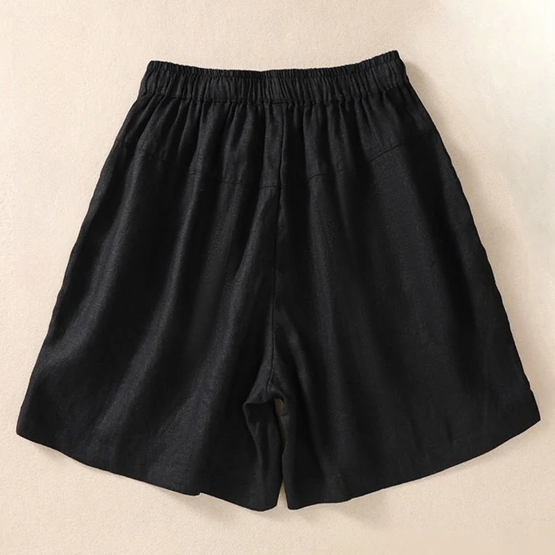 Pantaloncini da donna in cotone e lino con coulisse, motivo floreale ricamato Buddha Stones , casual, con tasche - Image 5