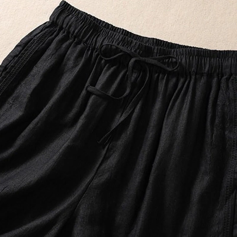 Pantaloncini da donna in cotone e lino con coulisse, motivo floreale ricamato Buddha Stones , casual, con tasche - Image 6
