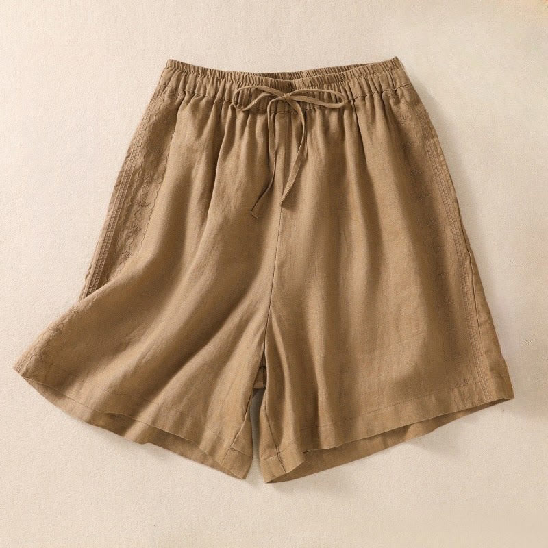 Pantaloncini da donna in cotone e lino con coulisse, motivo floreale ricamato Buddha Stones , casual, con tasche - Image 7