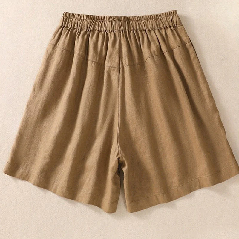 Pantaloncini da donna in cotone e lino con coulisse, motivo floreale ricamato Buddha Stones , casual, con tasche - Image 8
