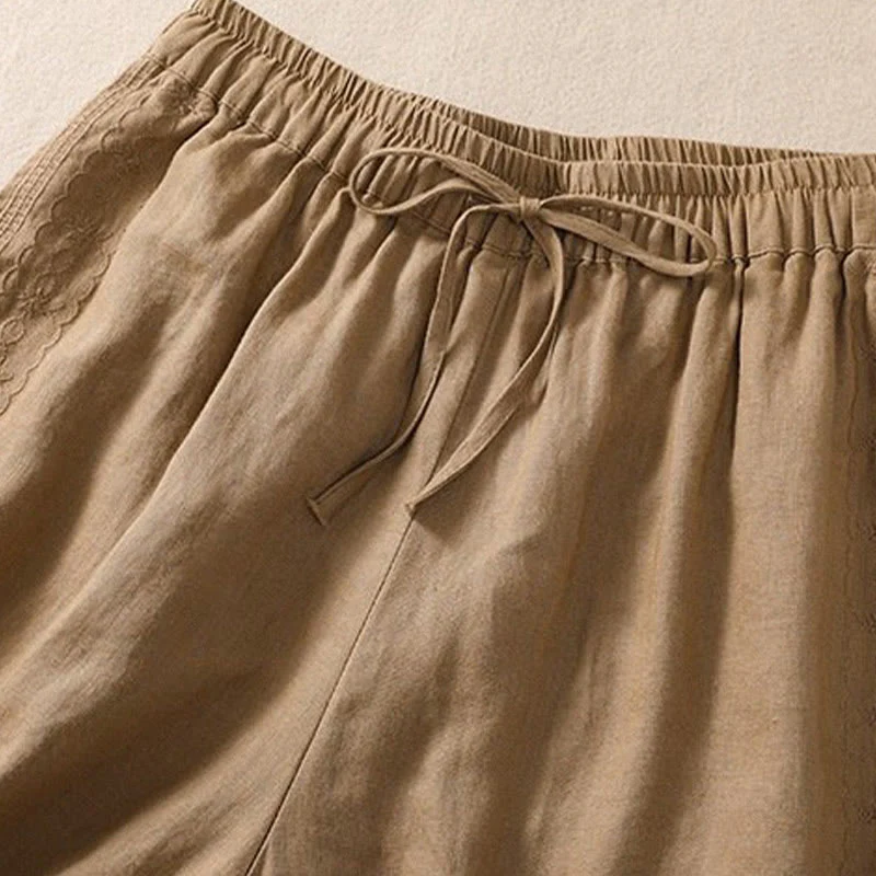 Pantaloncini da donna in cotone e lino con coulisse, motivo floreale ricamato Buddha Stones , casual, con tasche - Image 9