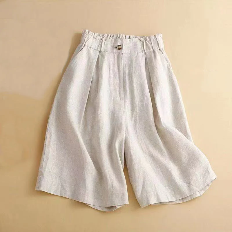 Pantaloncini da donna in lino di cotone con tasche, tinta unita, con cerniera e bottoni , Buddha Stones - Image 11