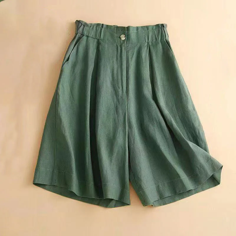 Pantaloncini da donna in lino di cotone con tasche, tinta unita, con cerniera e bottoni , Buddha Stones - Image 15