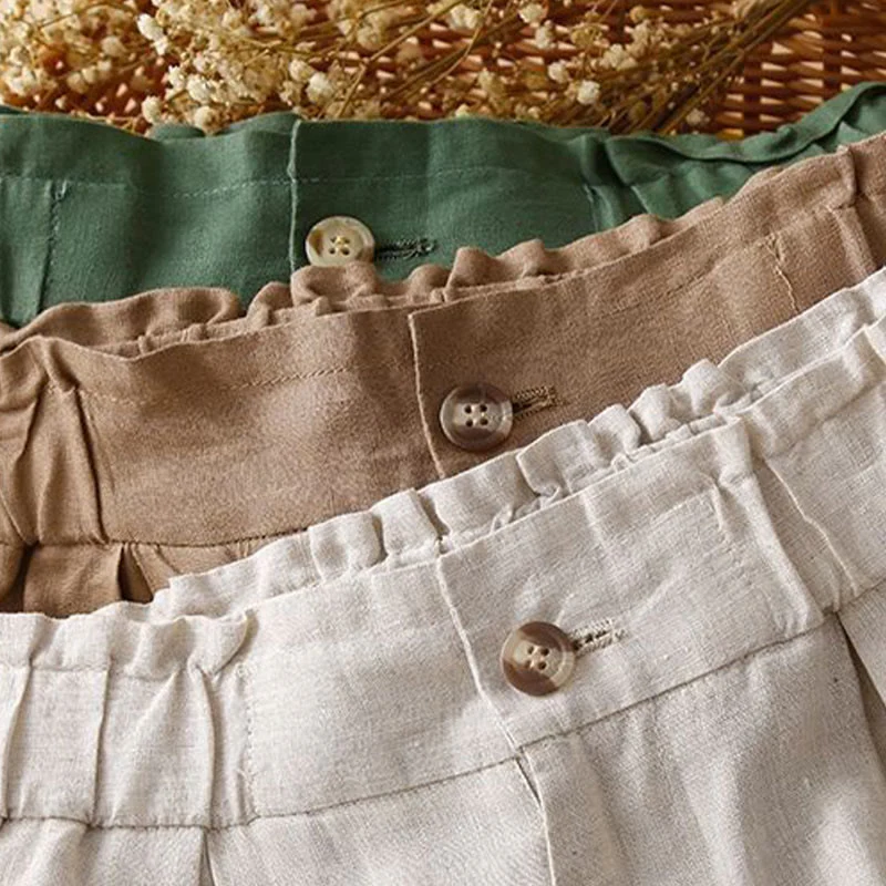 Pantaloncini da donna in lino di cotone con tasche, tinta unita, con cerniera e bottoni , Buddha Stones - Image 24