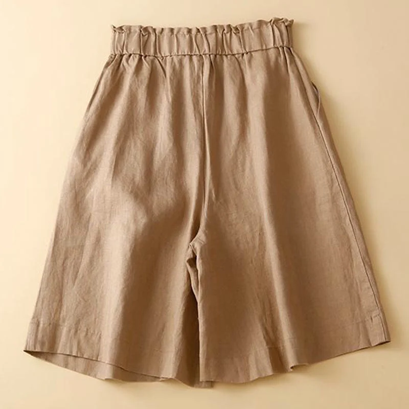 Pantaloncini da donna in lino di cotone con tasche, tinta unita, con cerniera e bottoni , Buddha Stones - Image 3