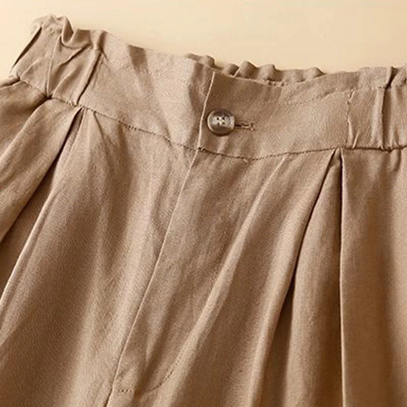 Pantaloncini da donna in lino di cotone con tasche, tinta unita, con cerniera e bottoni , Buddha Stones - Image 4