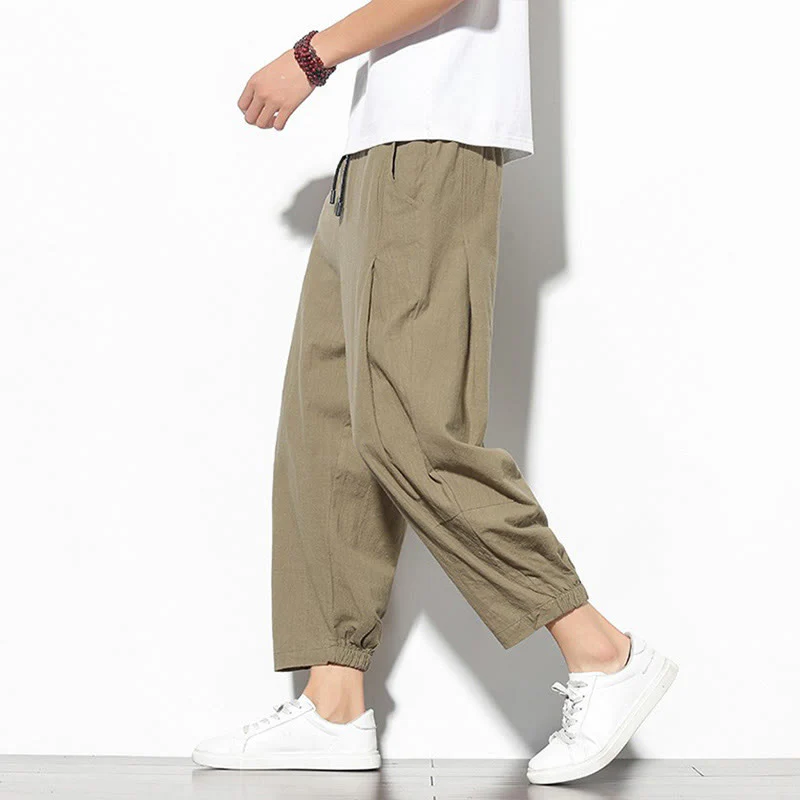 Pantaloni a carota in cotone e lino con tasche, da uomo, lunghezza 7-8, modello Buddha Stones