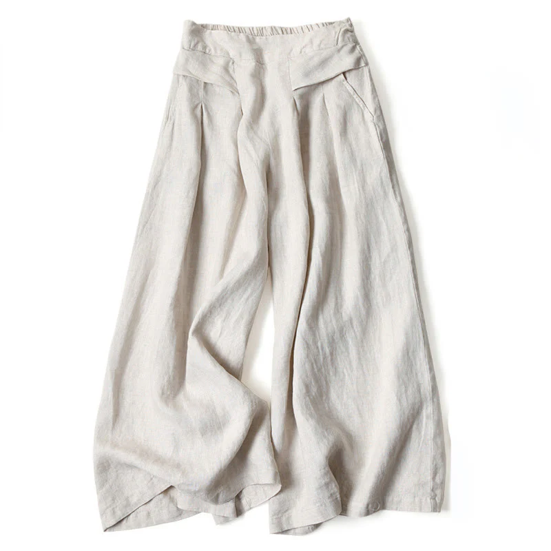 Pantaloni a gamba larga in cotone e lino tinta unita con vita alta e tasche Buddha Stones - Image 11