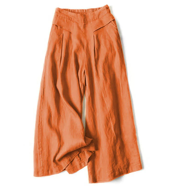 Pantaloni a gamba larga in cotone e lino tinta unita con vita alta e tasche Buddha Stones - Image 21
