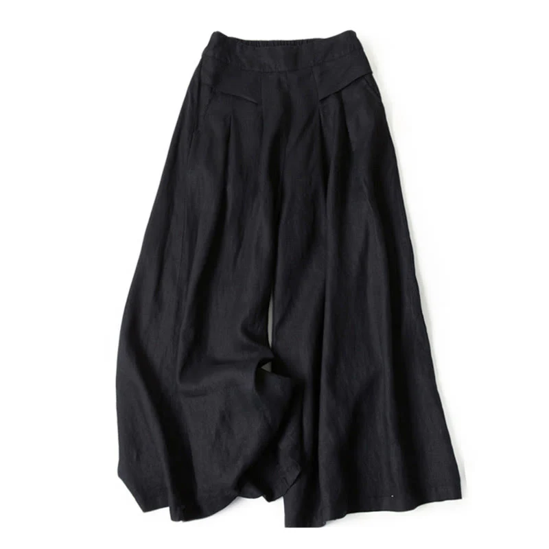 Pantaloni a gamba larga in cotone e lino tinta unita con vita alta e tasche Buddha Stones - Image 22