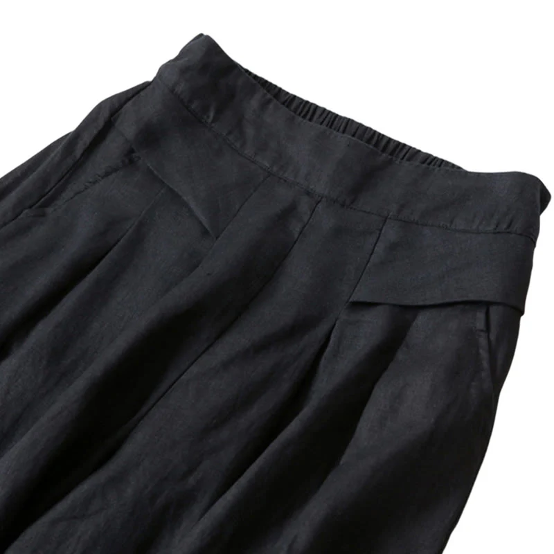 Pantaloni a gamba larga in cotone e lino tinta unita con vita alta e tasche Buddha Stones - Image 23
