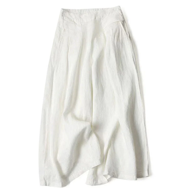 Pantaloni a gamba larga in cotone e lino tinta unita con vita alta e tasche Buddha Stones - Image 25