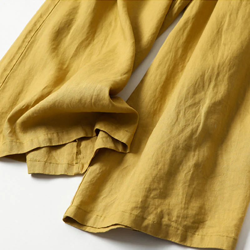 Pantaloni a gamba larga in cotone e lino tinta unita con vita alta e tasche Buddha Stones - Image 4