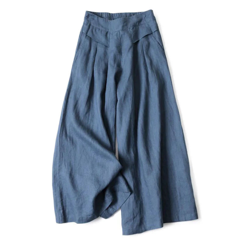Pantaloni a gamba larga in cotone e lino tinta unita con vita alta e tasche Buddha Stones - Image 6