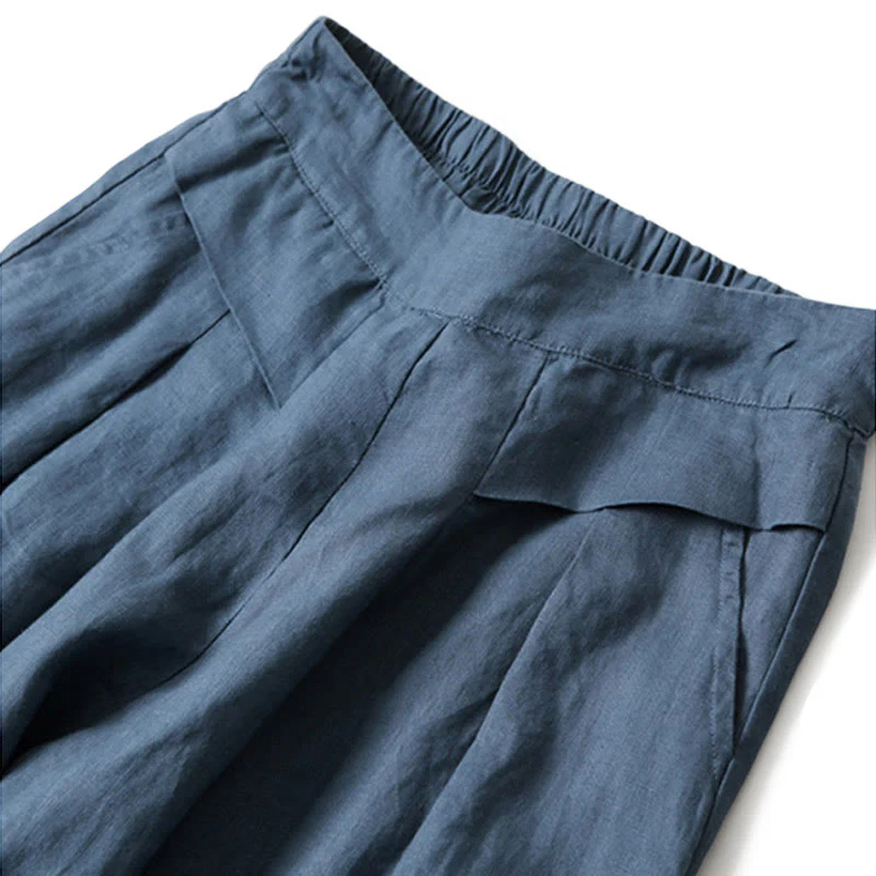 Pantaloni a gamba larga in cotone e lino tinta unita con vita alta e tasche Buddha Stones - Image 7
